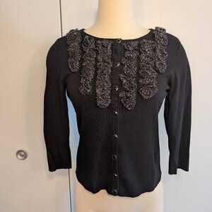 White House Black Market Black Cardigan Sweater Rose Embellished Neckline